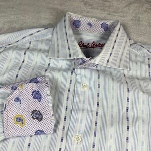 Robert Graham Men's M 15.5 Shirt White Blue Striped Paisley Cuffs Button Down